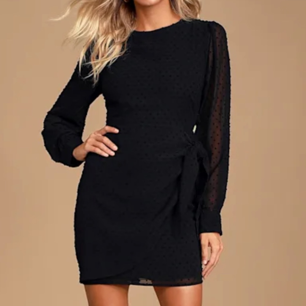 Lulus Much Love Black Swiss Dot Long Sleeve Tie-Front Mini Dress